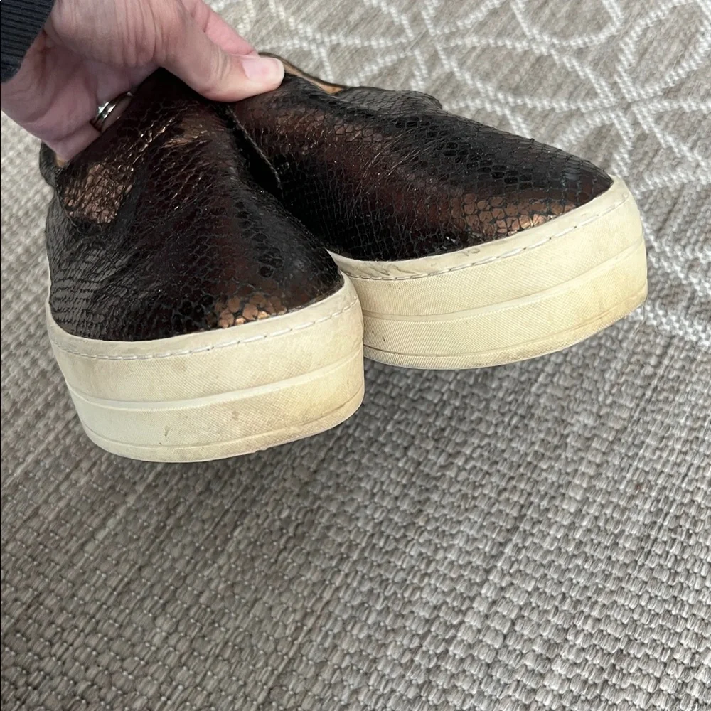 J/Slides Bronze Metallic Embossed Snake Print Slide on Platform Sneakers 7.5